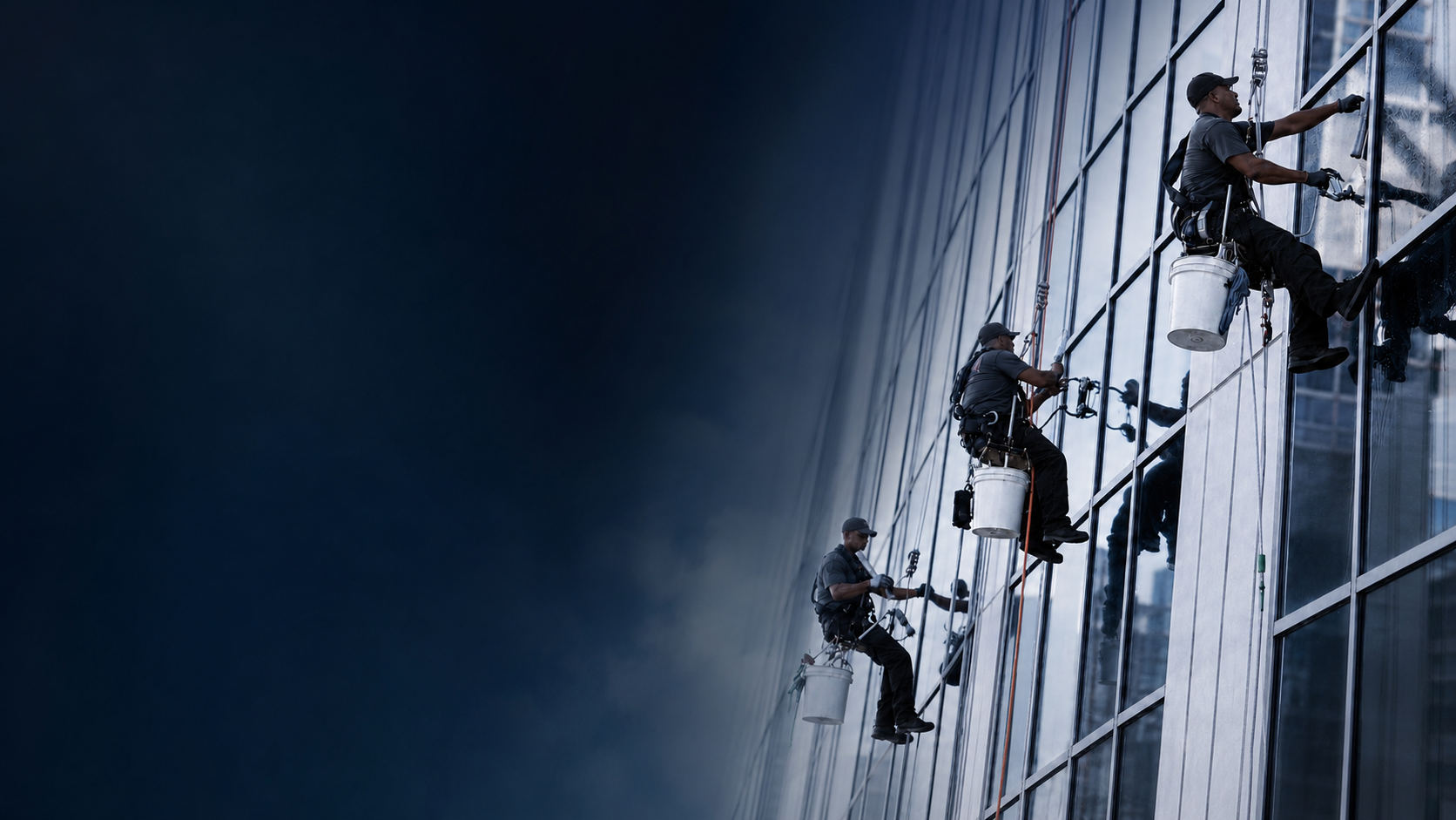 Professional high-rise window cleaners working on a glass building